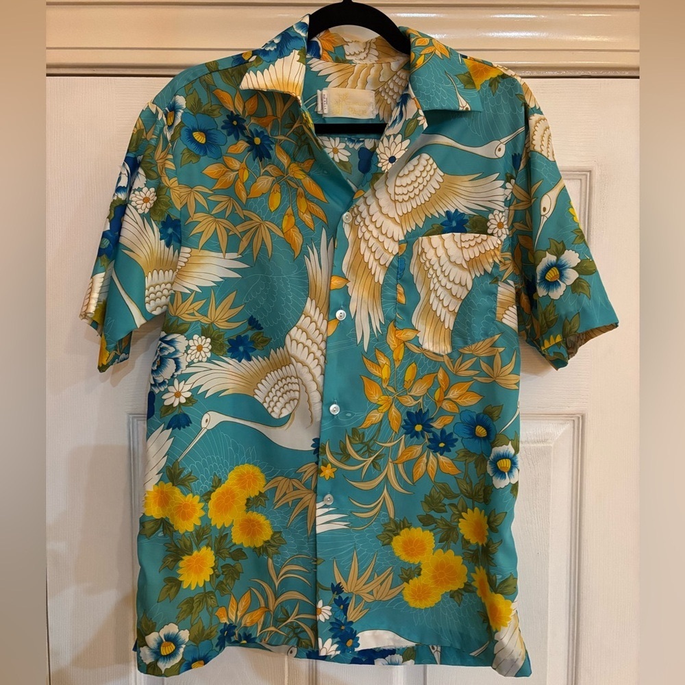 Vintage 1970’s Men’s Hawaiian Palm Asian Cranes Garden  Print Button Down Shirt